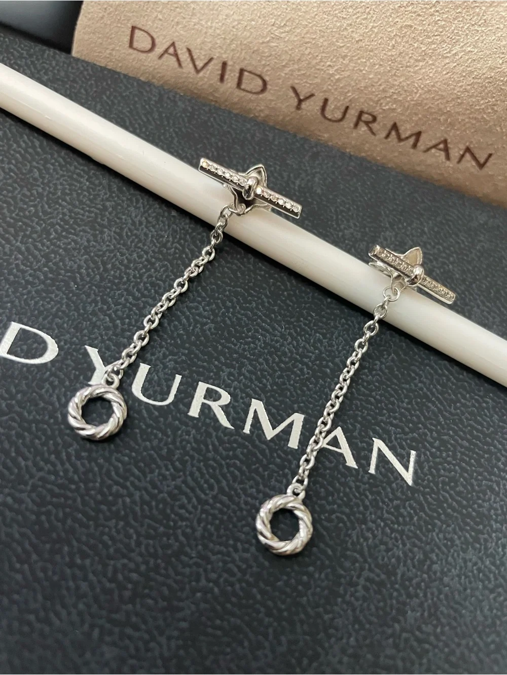 David Yurman Silver Twisted Cable Drop Chain Earrings with Pave Bars